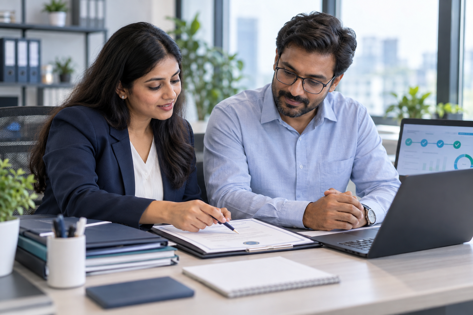 Insurance coordinator guiding a colleague through certification paperwork and onboarding records